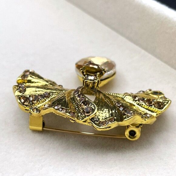 Yellow Gold with Champagne Topaz Crystal Gingko Flower Plant Pin Back Brooch - Picture 4 of 7